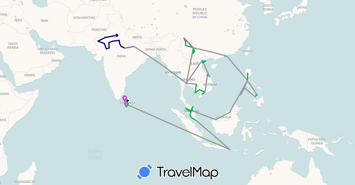 TravelMap itinerary: driving, bus, plane, train, boat in China, Hong Kong, Indonesia, India, Cambodia, Sri Lanka, Malaysia, Philippines, Singapore, Thailand, Vietnam (Asia)
